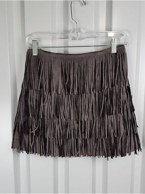 FLAWLESS VICI Faux Suede Tiered Fringe Mini Skirt Taupe Gray Women's Small NWT